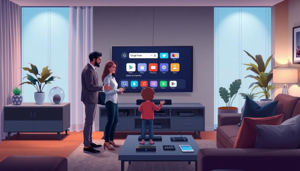 A modern living room featuring a Samsung Smart TV prominently displayed on a sleek media console. In the foreground, a family of three—parents dressed in smart casual attire and a child—are gathered around the TV, engaging with a remote control, showcasing the preparation process. The middle ground includes a cozy sofa and stylish decor, with a coffee table holding a few gadgets like a streaming device and a tablet. The background has soft ambient lighting to create a welcoming atmosphere, with curtains gently diffusing natural light. The overall mood is one of family connection and technological excitement, emphasizing the steps for setting up the Smart TV. The scene is captured from a slight angle, giving depth to the room. A modern living room featuring a Samsung Smart TV prominently displayed on a sleek media console. In the foreground, a family of three—parents dressed in smart casual attire and a child—are gathered around the TV, engaging with a remote control, showcasing the preparation process. The middle ground includes a cozy sofa and stylish decor, with a coffee table holding a few gadgets like a streaming device and a tablet. The background has soft ambient lighting to create a welcoming atmosphere, with curtains gently diffusing natural light. The overall mood is one of family connection and technological excitement, emphasizing the steps for setting up the Smart TV. The scene is captured from a slight angle, giving depth to the room.
