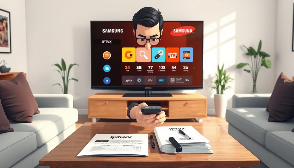 A modern living room featuring a sleek Samsung Smart TV displaying the IPTVX app interface. In the foreground, a professional-looking individual in smart casual clothing is interacting with a remote control, focused and attentive. The middle of the composition shows a stylish coffee table with a user-friendly guidebook and setup tools for IPTVX configuration. Soft, natural light streams in from a nearby window, creating a warm and inviting atmosphere. The background includes a well-decorated room with contemporary furniture and subtle tech elements, enhancing the modern feel. The overall mood is practical and informative, reflecting a troubleshooting and setup scenario for IPTVX. The angle captures both the TV screen and the engaged user, highlighting a seamless integration of technology and home life. A modern living room featuring a sleek Samsung Smart TV displaying the IPTVX app interface. In the foreground, a professional-looking individual in smart casual clothing is interacting with a remote control, focused and attentive. The middle of the composition shows a stylish coffee table with a user-friendly guidebook and setup tools for IPTVX configuration. Soft, natural light streams in from a nearby window, creating a warm and inviting atmosphere. The background includes a well-decorated room with contemporary furniture and subtle tech elements, enhancing the modern feel. The overall mood is practical and informative, reflecting a troubleshooting and setup scenario for IPTVX. The angle captures both the TV screen and the engaged user, highlighting a seamless integration of technology and home life.