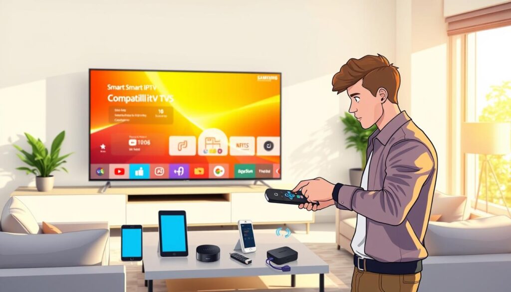 A modern living room featuring a sleek, high-definition Samsung smart TV displaying a vibrant Smart IPTV interface. In the foreground, a young adult dressed in casual, professional attire is engaged in using a remote control, analyzing device compatibility options. The middle ground showcases various smart devices like smartphones, tablets, and streaming devices like a Roku or Amazon Fire Stick, all displaying compatibility icons. Bright, natural light floods the room through large windows, creating a warm and inviting atmosphere. The background includes elegant furniture and minimalistic decor, suggesting a contemporary and tech-friendly ambiance. The overall mood is informative yet relaxed, ideal for understanding tech compatibility. A modern living room featuring a sleek, high-definition Samsung smart TV displaying a vibrant Smart IPTV interface. In the foreground, a young adult dressed in casual, professional attire is engaged in using a remote control, analyzing device compatibility options. The middle ground showcases various smart devices like smartphones, tablets, and streaming devices like a Roku or Amazon Fire Stick, all displaying compatibility icons. Bright, natural light floods the room through large windows, creating a warm and inviting atmosphere. The background includes elegant furniture and minimalistic decor, suggesting a contemporary and tech-friendly ambiance. The overall mood is informative yet relaxed, ideal for understanding tech compatibility.