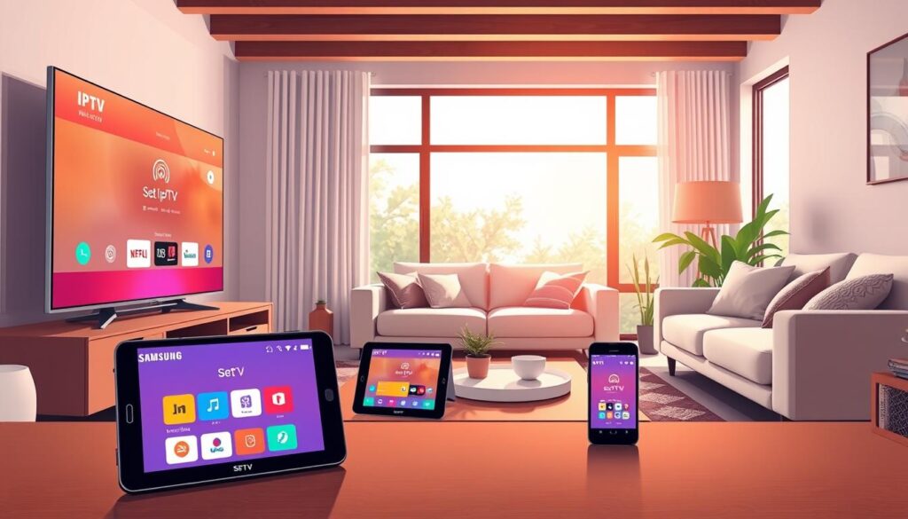 A modern living room scene showcasing various smart devices set up for IPTV streaming. In the foreground, a sleek Samsung smart TV displays the Set IPTV interface, with a colorful, user-friendly on-screen layout. On a stylish coffee table, a tablet and smartphone display the same Set IPTV app, highlighting its versatility across devices. In the middle ground, a comfortable sofa with soft cushions invites relaxation, and a cozy rug adds warmth to the space. The background features a large window with natural light streaming in, creating a bright and welcoming atmosphere. The image should have a warm and inviting vibe, captured with soft lighting, a wide-angle lens, and an inviting composition to emphasize the technological integration in a home setting. A modern living room scene showcasing various smart devices set up for IPTV streaming. In the foreground, a sleek Samsung smart TV displays the Set IPTV interface, with a colorful, user-friendly on-screen layout. On a stylish coffee table, a tablet and smartphone display the same Set IPTV app, highlighting its versatility across devices. In the middle ground, a comfortable sofa with soft cushions invites relaxation, and a cozy rug adds warmth to the space. The background features a large window with natural light streaming in, creating a bright and welcoming atmosphere. The image should have a warm and inviting vibe, captured with soft lighting, a wide-angle lens, and an inviting composition to emphasize the technological integration in a home setting.