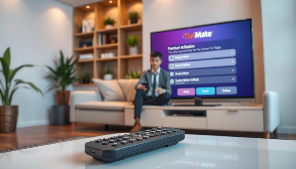 A modern living room setting featuring a sleek television displaying the TiviMate interface, highlighting the premium activation process. In the foreground, a remote control rests on a stylish coffee table with clear icons representing subscription settings. The middle ground showcases a comfortable sofa with a person dressed in casual business attire, actively engaged while using the remote to navigate the TiviMate menus. The background includes shelves with books and plants, creating a warm and inviting atmosphere. Soft, ambient lighting illuminates the space, enhancing the focus on the TV screen. The camera angle is slightly elevated, capturing the depth of the room and emphasizing the technology in use. Overall, the mood is professional yet relaxed, embodying a contemporary home entertainment experience. A modern living room setting featuring a sleek television displaying the TiviMate interface, highlighting the premium activation process. In the foreground, a remote control rests on a stylish coffee table with clear icons representing subscription settings. The middle ground showcases a comfortable sofa with a person dressed in casual business attire, actively engaged while using the remote to navigate the TiviMate menus. The background includes shelves with books and plants, creating a warm and inviting atmosphere. Soft, ambient lighting illuminates the space, enhancing the focus on the TV screen. The camera angle is slightly elevated, capturing the depth of the room and emphasizing the technology in use. Overall, the mood is professional yet relaxed, embodying a contemporary home entertainment experience.