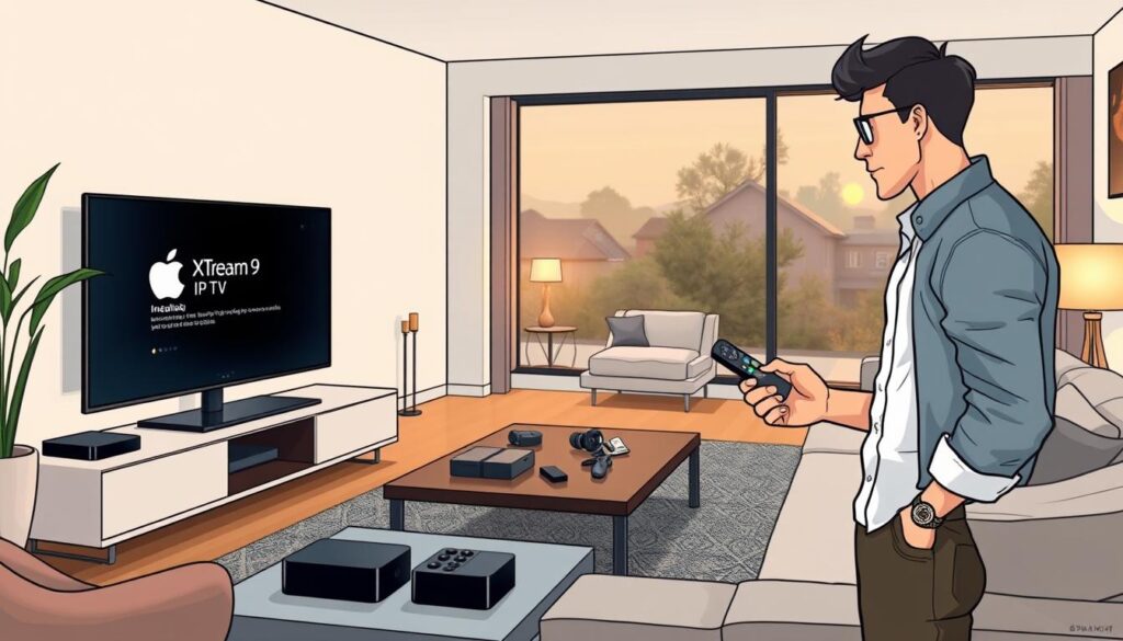A modern living room showcasing an Apple TV on a sleek entertainment unit, with a focus on the TV screen displaying the installation interface of the Xtream9 IPTV application. In the foreground, a person dressed in casual, professional clothing is using a remote control, looking engaged and focused on the installation process. The middle ground features a stylish coffee table with tech gadgets and a cozy ambiance, while the background highlights soft, warm lighting from lamps and a window with a view of a peaceful neighborhood. The overall atmosphere is inviting and tech-savvy, capturing the ease and enjoyment of setting up the IPTV application on Apple TV. A modern living room showcasing an Apple TV on a sleek entertainment unit, with a focus on the TV screen displaying the installation interface of the Xtream9 IPTV application. In the foreground, a person dressed in casual, professional clothing is using a remote control, looking engaged and focused on the installation process. The middle ground features a stylish coffee table with tech gadgets and a cozy ambiance, while the background highlights soft, warm lighting from lamps and a window with a view of a peaceful neighborhood. The overall atmosphere is inviting and tech-savvy, capturing the ease and enjoyment of setting up the IPTV application on Apple TV.