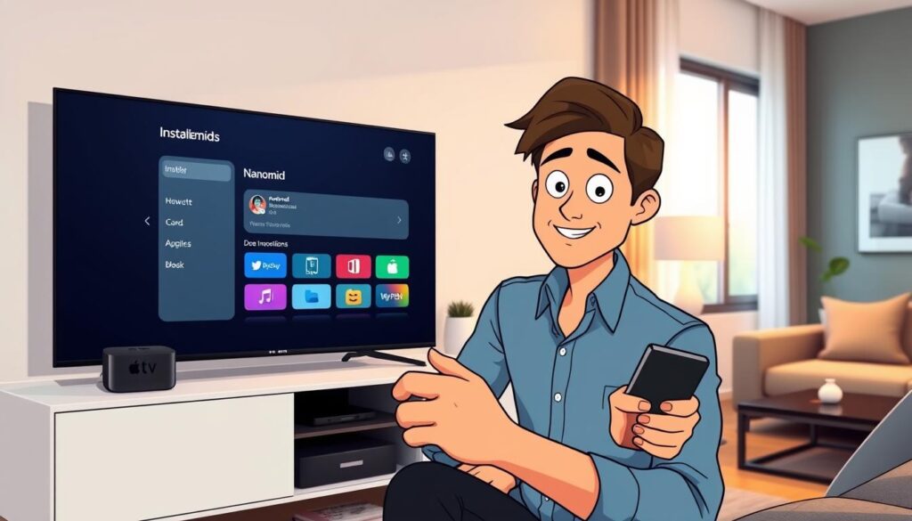 A modern, sleek living room setting featuring an Apple TV prominently displayed on a minimalist entertainment unit. In the foreground, a person in professional casual attire is attentively using a remote control, with a focused expression on their face. The middle ground captures the Apple TV interface showcasing the Nanomid installation settings—vibrant icons and clear navigation options. The background shows soft, ambient lighting, highlighting the stylish decor, including contemporary furniture and decorative items. The scene conveys a sense of productivity and excitement, emphasizing the ease of installing Nanomid on Apple TV. The image should have a warm, inviting atmosphere with natural light filtering through a nearby window, enhancing the modern interior aesthetic. A modern, sleek living room setting featuring an Apple TV prominently displayed on a minimalist entertainment unit. In the foreground, a person in professional casual attire is attentively using a remote control, with a focused expression on their face. The middle ground captures the Apple TV interface showcasing the Nanomid installation settings—vibrant icons and clear navigation options. The background shows soft, ambient lighting, highlighting the stylish decor, including contemporary furniture and decorative items. The scene conveys a sense of productivity and excitement, emphasizing the ease of installing Nanomid on Apple TV. The image should have a warm, inviting atmosphere with natural light filtering through a nearby window, enhancing the modern interior aesthetic.