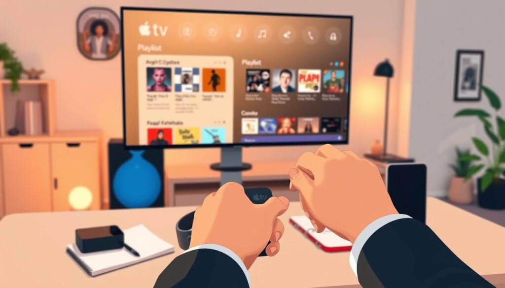 A modern workspace featuring a sleek Apple TV interface on a large screen, displaying an organized playlist management system with vibrant album covers and intuitive controls. In the foreground, a pair of hands, dressed in professional attire, are actively selecting options on a stylish remote, illuminated by warm, soft lighting. The middle ground showcases a minimalist desk with tech gadgets, headphones, and a notebook, conveying a creative and productive atmosphere. In the background, a cozy room with ambient lighting and decor that enhances the tech-savvy environment, perhaps with a bookshelf or plants, providing a welcoming feel. The overall mood is focused and sophisticated, highlighting the ease of managing playlists and downloading content seamlessly.