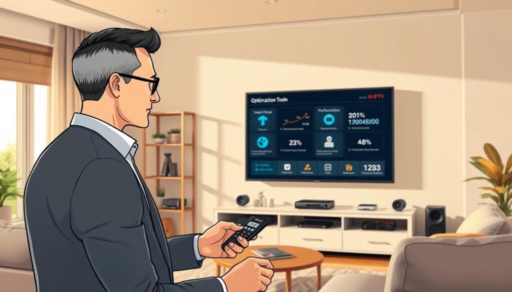 A professional, sleek living room setting featuring a modern television displaying an IPTV interface, showcasing on-screen graphics of optimization tools and performance metrics. In the foreground, a well-dressed individual, focused and engaged, is interacting with a smart remote control. The middle ground includes shelves with tech gadgets and a cozy seating area, exuding a contemporary atmosphere. The lighting is warm and inviting, with natural light filtering through a window, creating soft shadows. In the background, subtle hints of a digital world, like floating data streams or abstract tech visuals, suggest connectivity and high performance. The overall mood is focused and informative, capturing the essence of enhancing user experience in IPTV. A professional, sleek living room setting featuring a modern television displaying an IPTV interface, showcasing on-screen graphics of optimization tools and performance metrics. In the foreground, a well-dressed individual, focused and engaged, is interacting with a smart remote control. The middle ground includes shelves with tech gadgets and a cozy seating area, exuding a contemporary atmosphere. The lighting is warm and inviting, with natural light filtering through a window, creating soft shadows. In the background, subtle hints of a digital world, like floating data streams or abstract tech visuals, suggest connectivity and high performance. The overall mood is focused and informative, capturing the essence of enhancing user experience in IPTV.