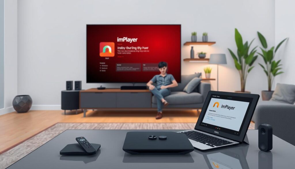A sleek and modern living room setup featuring an Nvidia Shield console with the ImPlayer interface displayed on a large flat-screen TV. In the foreground, a well-organized coffee table shows an open laptop displaying installation instructions, along with a remote control. In the middle, a stylish sofa is placed, and a user sits comfortably dressed in casual attire, focused on following the setup steps. The background reveals soft, ambient lighting that creates a cozy atmosphere, with houseplants and decorative shelves adding warmth. The image should capture the essence of technology and home entertainment, showcasing the installation process in an inviting and engaging way. Focus on clarity and vivid colors, emphasizing the modern tech environment. A sleek and modern living room setup featuring an Nvidia Shield console with the ImPlayer interface displayed on a large flat-screen TV. In the foreground, a well-organized coffee table shows an open laptop displaying installation instructions, along with a remote control. In the middle, a stylish sofa is placed, and a user sits comfortably dressed in casual attire, focused on following the setup steps. The background reveals soft, ambient lighting that creates a cozy atmosphere, with houseplants and decorative shelves adding warmth. The image should capture the essence of technology and home entertainment, showcasing the installation process in an inviting and engaging way. Focus on clarity and vivid colors, emphasizing the modern tech environment.