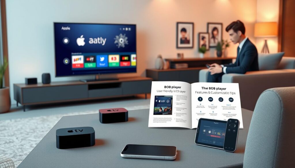 A sleek, modern living room scene featuring a stylish Apple TV setup with the BOB player interface displayed on a large screen. In the foreground, a person in smart casual attire interacts with a remote control, showcasing user engagement with the BOB player. In the middle ground, a coffee table is adorned with a user-friendly guide on BOB player features and customization tips, alongside a smart device exhibiting streaming options. The background includes a cozy couch, contemporary decor, and warm ambient lighting, creating a relaxed atmosphere conducive to an enjoyable viewing experience. The image should have soft lighting, with a slight lens blur in the background to draw attention to the interactive elements in the foreground, emphasizing the theme of enhanced user experience. A sleek, modern living room scene featuring a stylish Apple TV setup with the BOB player interface displayed on a large screen. In the foreground, a person in smart casual attire interacts with a remote control, showcasing user engagement with the BOB player. In the middle ground, a coffee table is adorned with a user-friendly guide on BOB player features and customization tips, alongside a smart device exhibiting streaming options. The background includes a cozy couch, contemporary decor, and warm ambient lighting, creating a relaxed atmosphere conducive to an enjoyable viewing experience. The image should have soft lighting, with a slight lens blur in the background to draw attention to the interactive elements in the foreground, emphasizing the theme of enhanced user experience.