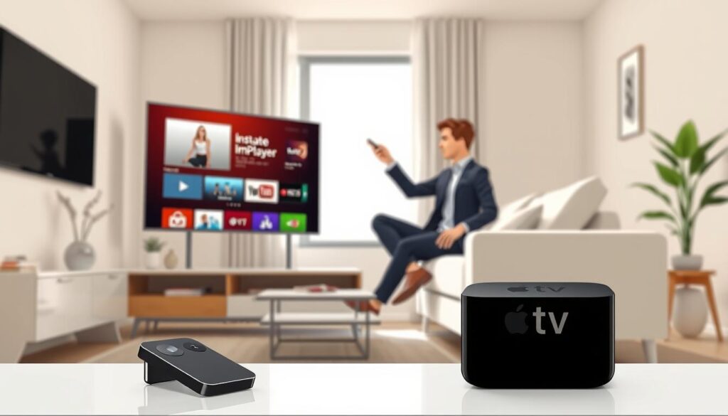 A sleek, modern living room scene showcasing a 4K Apple TV prominently displayed on a stylish media console. In the foreground, a remote control lies beside the Apple TV, illustrating the ease of installation. In the middle ground, a cozy couch is arranged invitingly, with an individual, dressed in smart casual attire, engaged with the Apple TV interface on a large screen, browsing through the ImPlayer app. Soft, natural lighting filters through a window, creating a warm and welcoming atmosphere. In the background, minimalist decor and a potted plant enhance the contemporary feel. The composition captures a sense of innovation and accessibility, emphasizing the simplicity of setting up ImPlayer on an Apple TV. A sleek, modern living room scene showcasing a 4K Apple TV prominently displayed on a stylish media console. In the foreground, a remote control lies beside the Apple TV, illustrating the ease of installation. In the middle ground, a cozy couch is arranged invitingly, with an individual, dressed in smart casual attire, engaged with the Apple TV interface on a large screen, browsing through the ImPlayer app. Soft, natural lighting filters through a window, creating a warm and welcoming atmosphere. In the background, minimalist decor and a potted plant enhance the contemporary feel. The composition captures a sense of innovation and accessibility, emphasizing the simplicity of setting up ImPlayer on an Apple TV.