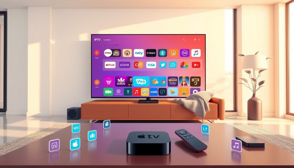 A sleek, modern living room setting with a focus on a large flat-screen TV displaying IPTV applications. In the foreground, a stylish coffee table holds a sleek Apple TV device and remote control. Surrounding the TV are various colorful IPTV app icons, visually representing updates and enhancements. The middle ground features a cozy couch with a neatly folded blanket and a few tech gadgets, evoking a sense of comfort and innovation. The background showcases a large window allowing soft, natural light to filter through, creating a warm atmosphere. The overall mood is inviting and tech-savvy, celebrating the possibilities of IPTV technology improvements. Use a wide-angle lens effect to capture the entire scene, emphasizing the liveliness of a modern entertainment space. A sleek, modern living room setting with a focus on a large flat-screen TV displaying IPTV applications. In the foreground, a stylish coffee table holds a sleek Apple TV device and remote control. Surrounding the TV are various colorful IPTV app icons, visually representing updates and enhancements. The middle ground features a cozy couch with a neatly folded blanket and a few tech gadgets, evoking a sense of comfort and innovation. The background showcases a large window allowing soft, natural light to filter through, creating a warm atmosphere. The overall mood is inviting and tech-savvy, celebrating the possibilities of IPTV technology improvements. Use a wide-angle lens effect to capture the entire scene, emphasizing the liveliness of a modern entertainment space.