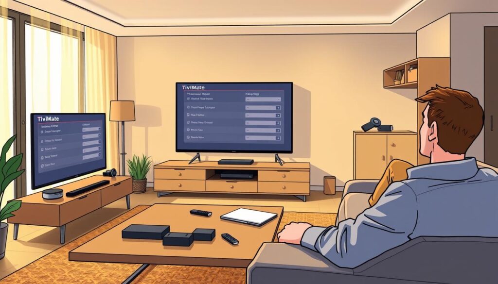 A sleek modern living room showcasing a TV displaying the TiviMate EPG configuration interface. In the foreground, a user is seated comfortably on a couch, holding a remote control, dressed in smart casual attire, focused on the screen. The middle ground features a stylish coffee table with tech gadgets and a notepad. The atmosphere is warm and inviting, with soft golden lighting highlighting the wooden furniture. In the background, a chic entertainment unit holds the Firestick device, with light filtering through sheer curtains. The scene conveys a sense of ease and sophistication, illustrating the process of configuring EPG settings in a user-friendly, tech-savvy environment. A sleek modern living room showcasing a TV displaying the TiviMate EPG configuration interface. In the foreground, a user is seated comfortably on a couch, holding a remote control, dressed in smart casual attire, focused on the screen. The middle ground features a stylish coffee table with tech gadgets and a notepad. The atmosphere is warm and inviting, with soft golden lighting highlighting the wooden furniture. In the background, a chic entertainment unit holds the Firestick device, with light filtering through sheer curtains. The scene conveys a sense of ease and sophistication, illustrating the process of configuring EPG settings in a user-friendly, tech-savvy environment.