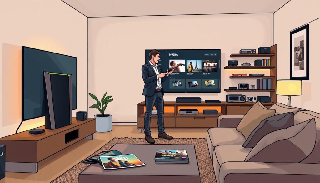 A sleek, modern living room showcasing an Nvidia Shield prominently connected to a large flat-screen TV. The Nvidia Shield is illuminated by warm ambient lighting, highlighting its elegant design, while a cozy couch and a stylish coffee table with a few tech magazines set the scene in the foreground. In the middle ground, a user is depicted, dressed in casual business attire, focused on the Nvidia Shield setup, using a remote control to navigate settings. The background features a well-organized entertainment unit with various streaming devices, creating an inviting and tech-savvy environment. Soft daylight filters through a nearby window, enhancing the atmosphere of comfort and user-friendliness. The overall mood is one of excitement and ease in exploring device compatibility and installation methods. A sleek, modern living room showcasing an Nvidia Shield prominently connected to a large flat-screen TV. The Nvidia Shield is illuminated by warm ambient lighting, highlighting its elegant design, while a cozy couch and a stylish coffee table with a few tech magazines set the scene in the foreground. In the middle ground, a user is depicted, dressed in casual business attire, focused on the Nvidia Shield setup, using a remote control to navigate settings. The background features a well-organized entertainment unit with various streaming devices, creating an inviting and tech-savvy environment. Soft daylight filters through a nearby window, enhancing the atmosphere of comfort and user-friendliness. The overall mood is one of excitement and ease in exploring device compatibility and installation methods.