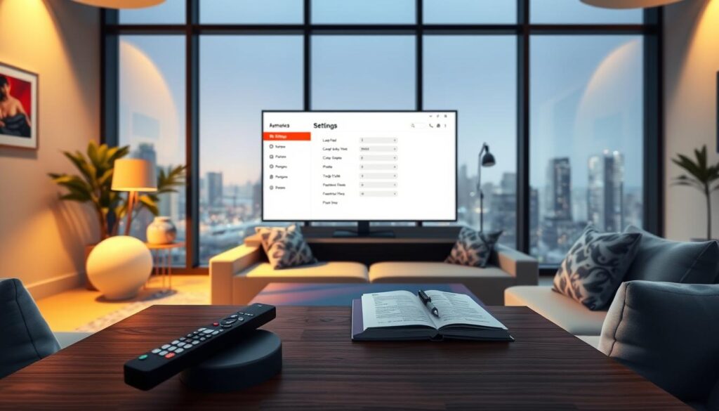 A sleek, modern living room with a prominent Samsung Smart TV showcasing the vibrant IPTV settings interface on the screen. In the foreground, a stylish coffee table holds a remote control and a notepad with technical notes. The middle of the room features a comfortable sofa with decorative cushions, inviting a sense of relaxation. In the background, large windows offer a view of a bustling cityscape, lending an urban feel to the space. Soft, warm lighting illuminates the room, creating a cozy atmosphere. The scene captures a professional yet casual setting, focusing on the IPTV experience and additional settings without any text or distractions. The angle is slightly elevated, providing a clear view of the TV screen and the furniture arrangement. A sleek, modern living room with a prominent Samsung Smart TV showcasing the vibrant IPTV settings interface on the screen. In the foreground, a stylish coffee table holds a remote control and a notepad with technical notes. The middle of the room features a comfortable sofa with decorative cushions, inviting a sense of relaxation. In the background, large windows offer a view of a bustling cityscape, lending an urban feel to the space. Soft, warm lighting illuminates the room, creating a cozy atmosphere. The scene captures a professional yet casual setting, focusing on the IPTV experience and additional settings without any text or distractions. The angle is slightly elevated, providing a clear view of the TV screen and the furniture arrangement.