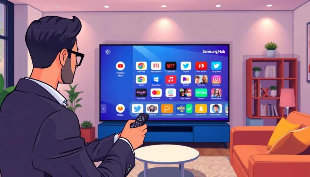 A vibrant and modern living room featuring a large Samsung Smart TV displaying the Smart Hub interface. In the foreground, a person in professional business attire is focused on the TV screen, using a remote control, with a look of concentration. The middle ground includes the sleek design of the TV, showcasing app icons arranged in a user-friendly layout, with vivid colors and engaging visuals for apps. In the background, soft ambient lighting enhances the cozy atmosphere, with a stylish couch and decorative elements like plants and bookshelves adding warmth. The scene is shot from a slightly angled perspective to emphasize the TV and the user’s interaction, creating a sense of immersion in digital navigation. The overall mood is tech-savvy and inviting, perfect for illustrating the topic of Smart Hub navigation. A vibrant and modern living room featuring a large Samsung Smart TV displaying the Smart Hub interface. In the foreground, a person in professional business attire is focused on the TV screen, using a remote control, with a look of concentration. The middle ground includes the sleek design of the TV, showcasing app icons arranged in a user-friendly layout, with vivid colors and engaging visuals for apps. In the background, soft ambient lighting enhances the cozy atmosphere, with a stylish couch and decorative elements like plants and bookshelves adding warmth. The scene is shot from a slightly angled perspective to emphasize the TV and the user’s interaction, creating a sense of immersion in digital navigation. The overall mood is tech-savvy and inviting, perfect for illustrating the topic of Smart Hub navigation.