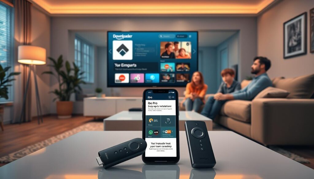 A vibrant, engaged living room scene featuring a modern TV displaying the Downloader app on a Firestick interface. In the foreground, a sleek, contemporary coffee table holds an Amazon Firestick remote and a smartphone showcasing the ibo pro installation steps. In the middle, a comfortable sofa with a family watching attentively, dressed in casual home clothes, with expressions of curiosity. In the background, soft ambient lighting casts a warm glow around the room, adorned with minimalistic decor that emphasizes a tech-savvy environment. The scene captures a productive and inviting atmosphere, encouraging viewers to explore their streaming options. High-angle perspective to create a sense of depth and focus on the TV's screen. A vibrant, engaged living room scene featuring a modern TV displaying the Downloader app on a Firestick interface. In the foreground, a sleek, contemporary coffee table holds an Amazon Firestick remote and a smartphone showcasing the ibo pro installation steps. In the middle, a comfortable sofa with a family watching attentively, dressed in casual home clothes, with expressions of curiosity. In the background, soft ambient lighting casts a warm glow around the room, adorned with minimalistic decor that emphasizes a tech-savvy environment. The scene captures a productive and inviting atmosphere, encouraging viewers to explore their streaming options. High-angle perspective to create a sense of depth and focus on the TV's screen.