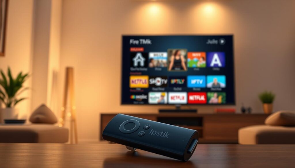 A visually engaging comparison scene showcasing various IPTV applications on a sleek Amazon Fire Stick device. In the foreground, display the Fire Stick prominently, its interface illuminated, highlighting vibrant app icons representing different IPTV services. In the middle ground, create a tech-savvy living room environment with a modern flat-screen TV displaying a split-screen comparison of IPTV app interfaces, enhancing viewer engagement. The background features a cozy, well-lit ambiance with soft, warm lighting, suggesting a comfortable home setting. Use a shallow depth of field to softly blur the background while keeping the Fire Stick and TV details sharp. The mood should be informative yet inviting, ideal for readers exploring IPTV options on their Fire Stick devices.