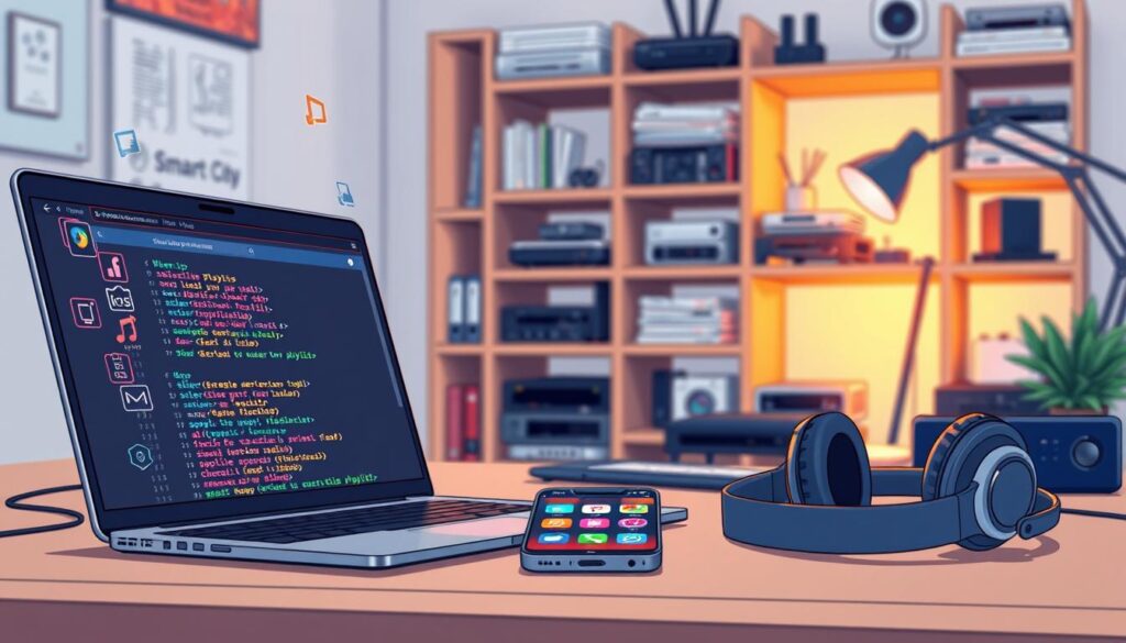 An illustrative composition depicting a modern digital workspace centered around the theme of "M3U and Xtream Codes." In the foreground, a sleek laptop displaying a user-friendly interface for loading M3U playlists, surrounded by vibrant code snippets and icons symbolizing streaming services. In the middle ground, a neatly organized desk with a smartphone showcasing various multimedia apps, alongside a pair of stylish headphones, creating a tech-savvy atmosphere. The background features a soft-focus shelving unit cluttered with technical manuals and devices like streaming boxes and routers, emphasizing a smart home environment. Soft, ambient lighting casts a warm glow over the scene, evoking a productive and innovative mood. The angle is slightly elevated, capturing the layered elements in a dynamic perspective.