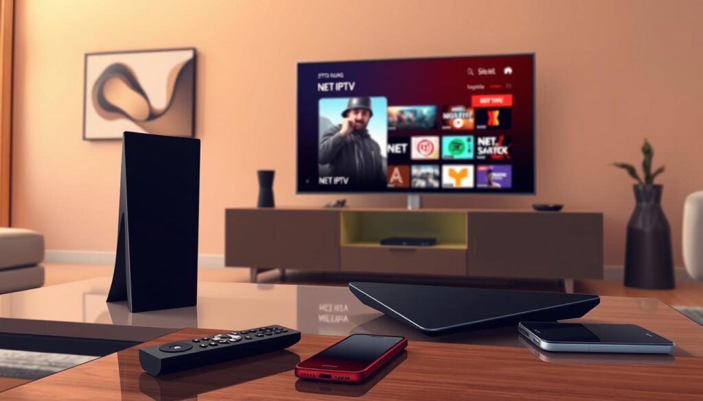 In a sleek, modern living room, prominently feature the Nvidia Shield device, sleek and futuristic, placed on a polished media console. The device emits a soft glow, indicating it's powered on, while a high-definition television displays the NET IPTV interface showcasing streaming options. In the foreground, a remote control rests casually next to a stylish coffee table, surrounded by a few smart devices like a smartphone and a tablet. The room is bathed in warm, ambient lighting, creating a cozy atmosphere. On the wall, a subtle abstract art piece adds flair without drawing attention away. Capture this scene with a slightly elevated angle to include both the Nvidia Shield and the television, enhancing the focus on the technology. The mood is inviting and tech-savvy, reflecting a modern lifestyle. In a sleek, modern living room, prominently feature the Nvidia Shield device, sleek and futuristic, placed on a polished media console. The device emits a soft glow, indicating it's powered on, while a high-definition television displays the NET IPTV interface showcasing streaming options. In the foreground, a remote control rests casually next to a stylish coffee table, surrounded by a few smart devices like a smartphone and a tablet. The room is bathed in warm, ambient lighting, creating a cozy atmosphere. On the wall, a subtle abstract art piece adds flair without drawing attention away. Capture this scene with a slightly elevated angle to include both the Nvidia Shield and the television, enhancing the focus on the technology. The mood is inviting and tech-savvy, reflecting a modern lifestyle.